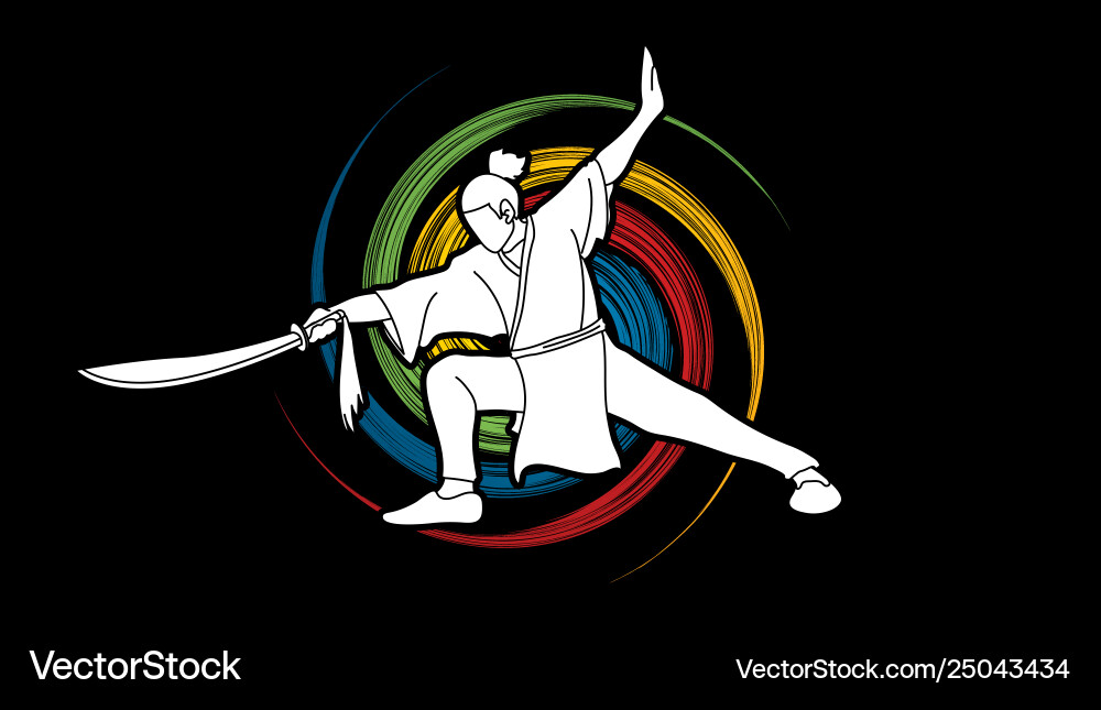 Man with sword action kung fu pose graphic Man with sword action kung fu pose graphic vector image