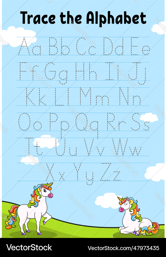 Writing letters tracing page with unicorn Writing letters tracing page with unicorn vector image