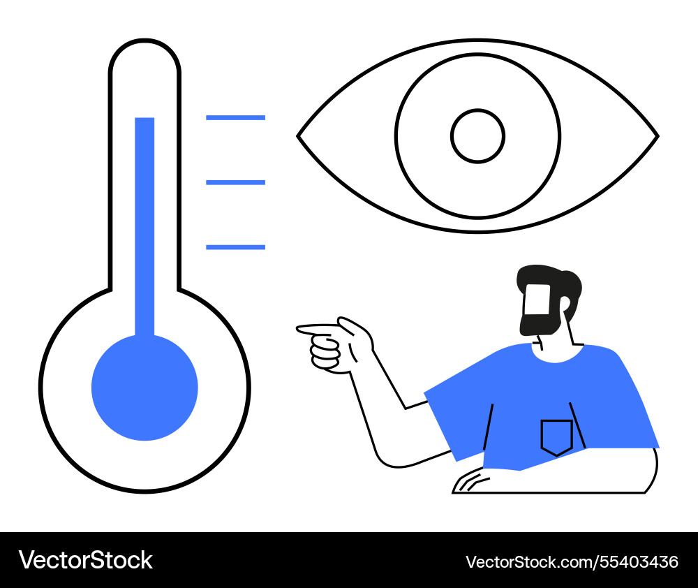 Man points at a thermometer and eye Man points at a thermometer and eye vector image