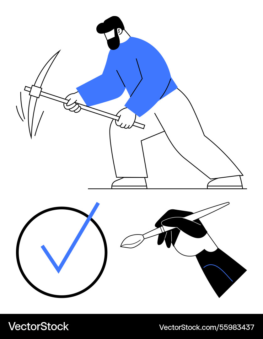 Worker mining with pickaxe checkmark for task Worker mining with pickaxe checkmark for task Vector Image