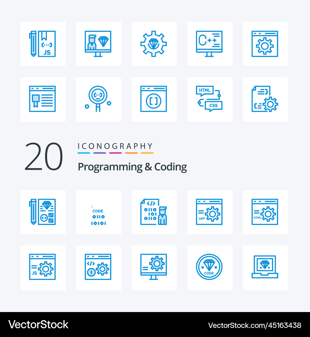 20 Programmierung und Kodierung blauer Farb-Icon-Pack Vektorbild