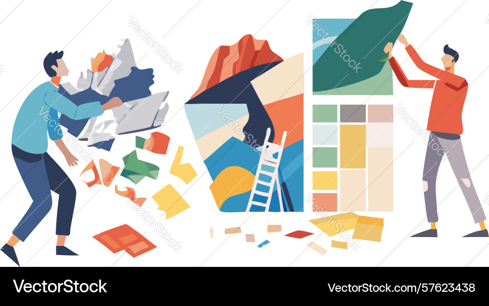 Dynamic team collaborating on project in lively Vector Image