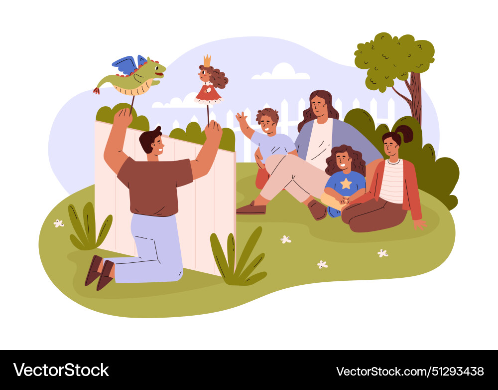 Man performs the puppet show for children Man performs the puppet show for children vector image