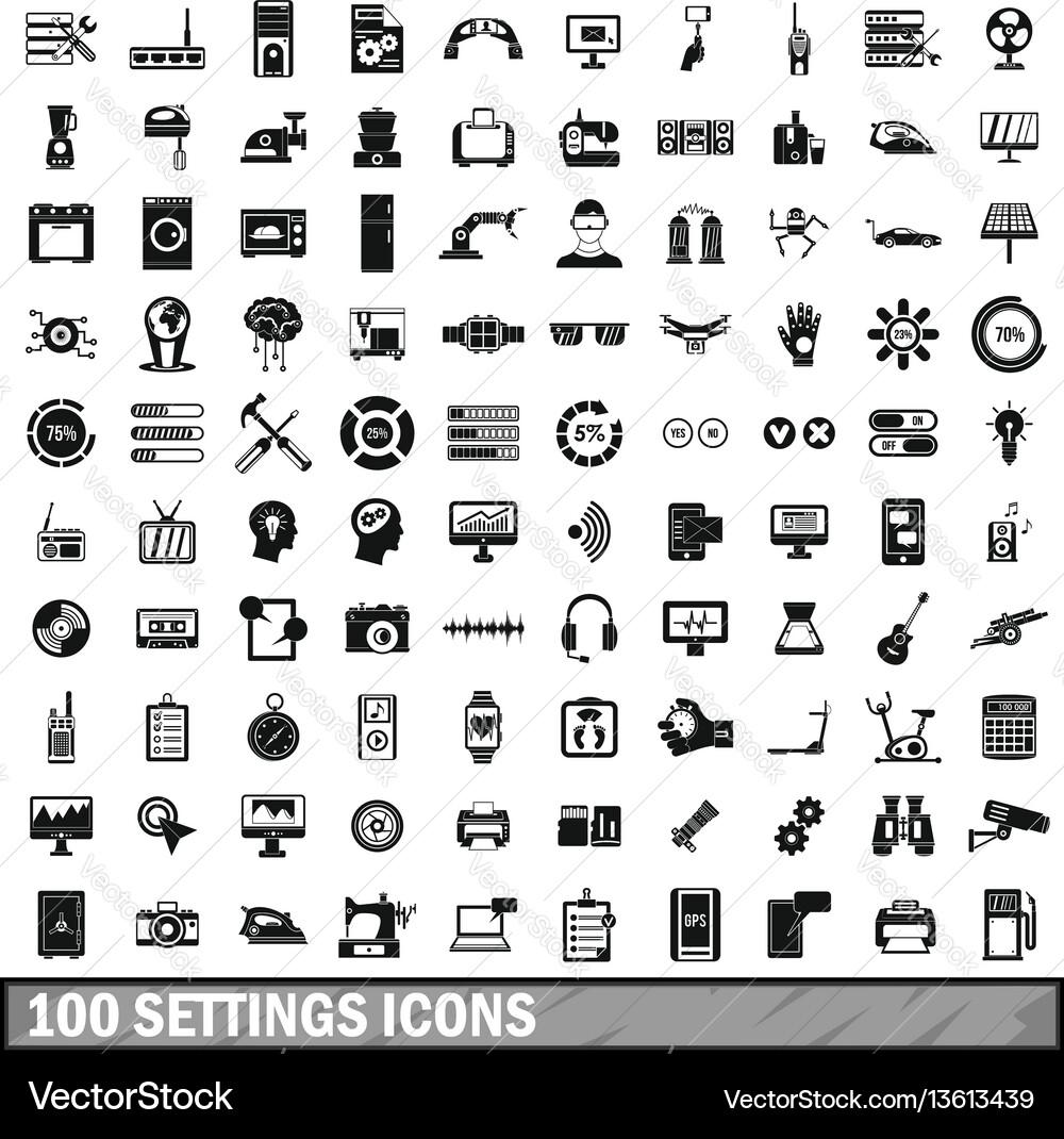 100 settings icons set simple style 100 settings icons set simple style vector image