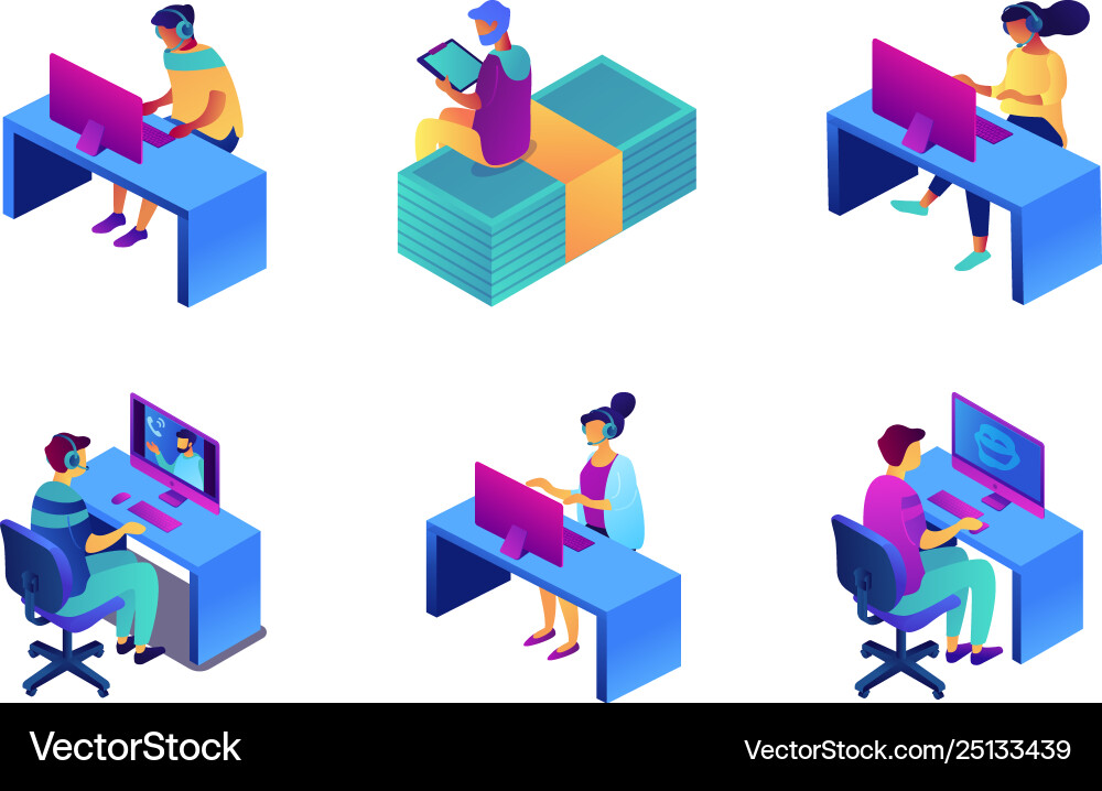 Call center operators in headset isometric 3d Call center operators in headset isometric 3d vector image