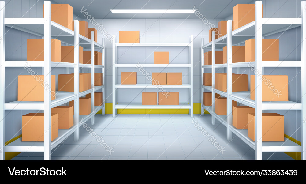 Cold room in warehouse with boxes racks vector image