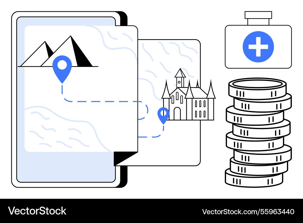 Mobile map navigation showing travel route between Mobile map navigation showing travel route between vector image