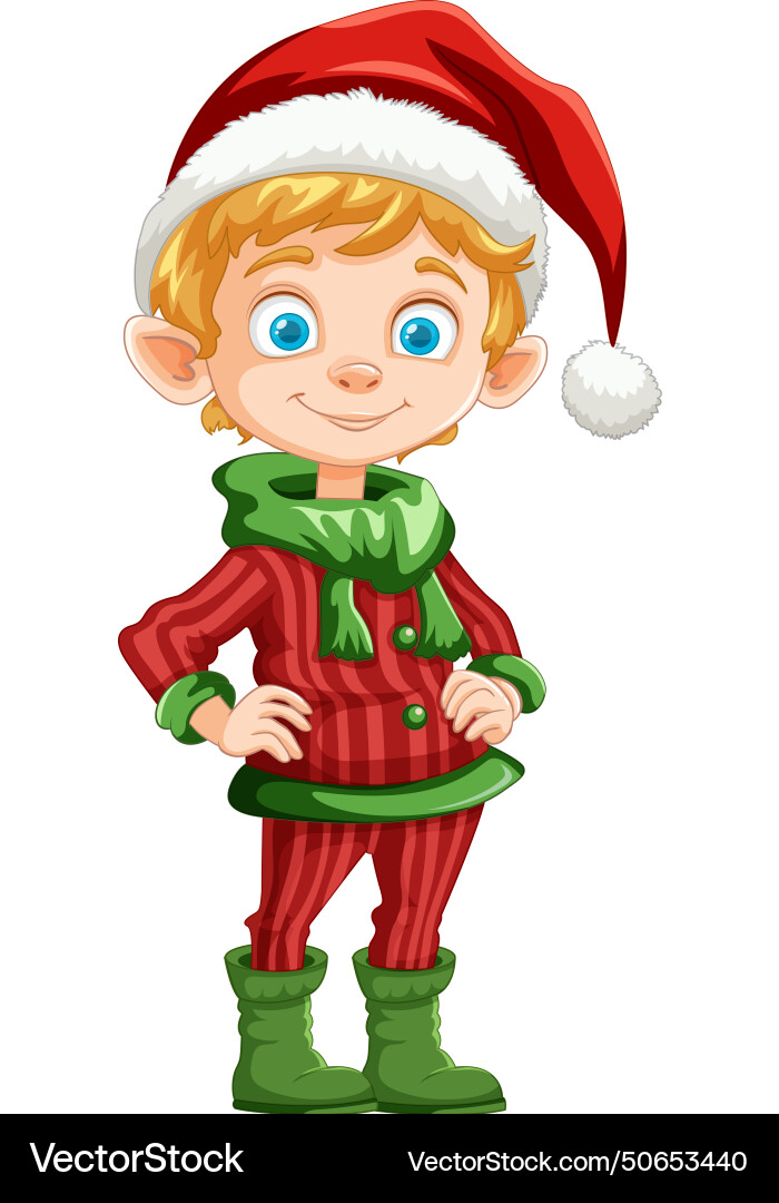 Smiling elf wearing a red santa hat and green vector image