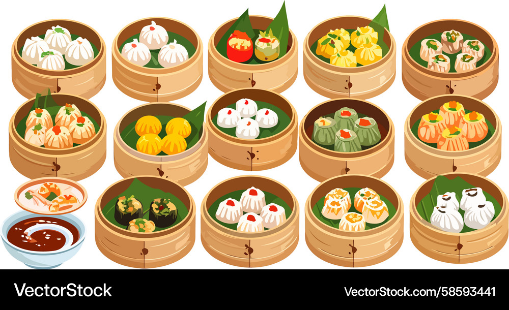 Dim sum feast a colorful array of dumplings Dim sum feast a colorful array of dumplings Vector Image