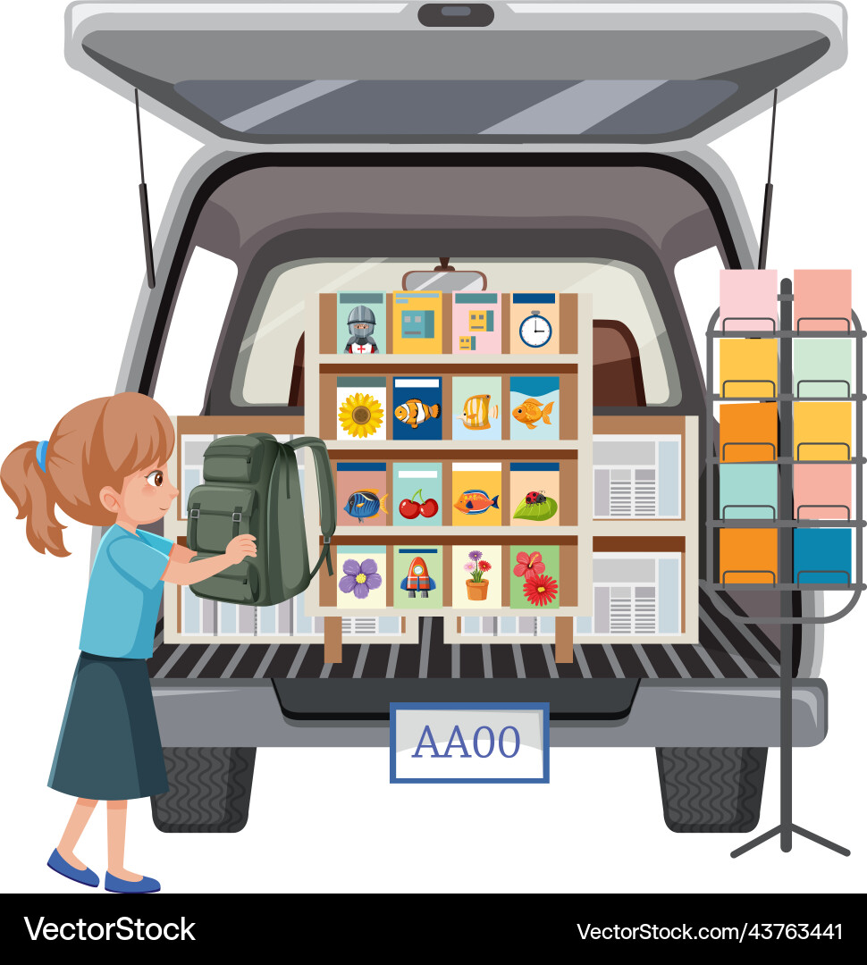 Girl and van full of books cards Girl and van full of books cards vector image