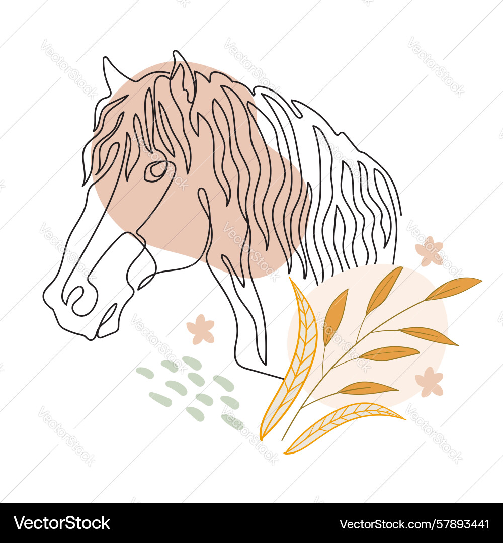 One line horse drawing with botanical elements One line horse drawing with botanical elements Vector Image