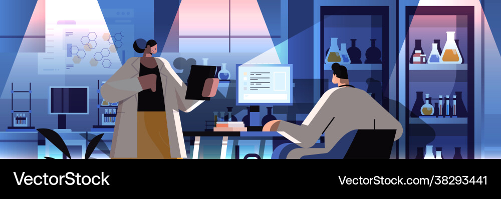 Researchers team working on computer and making Vector Image