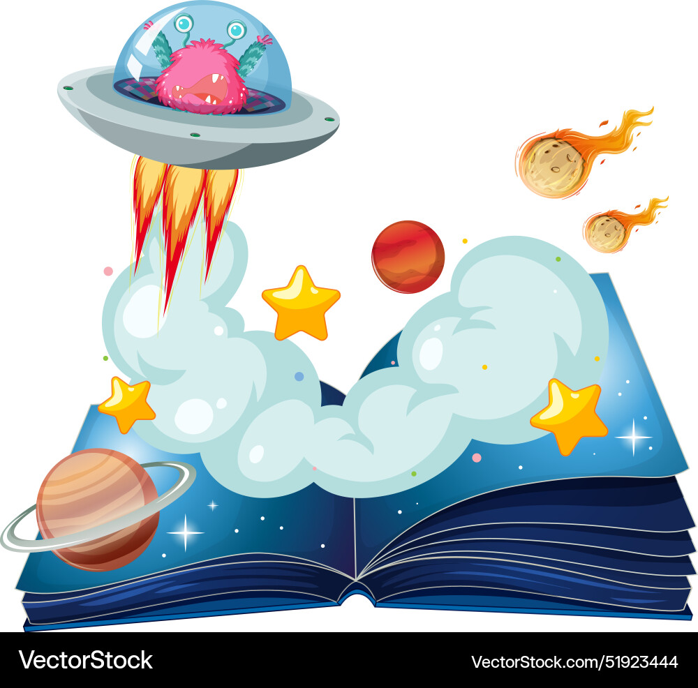Alien spaceship emerging from an open book vector image