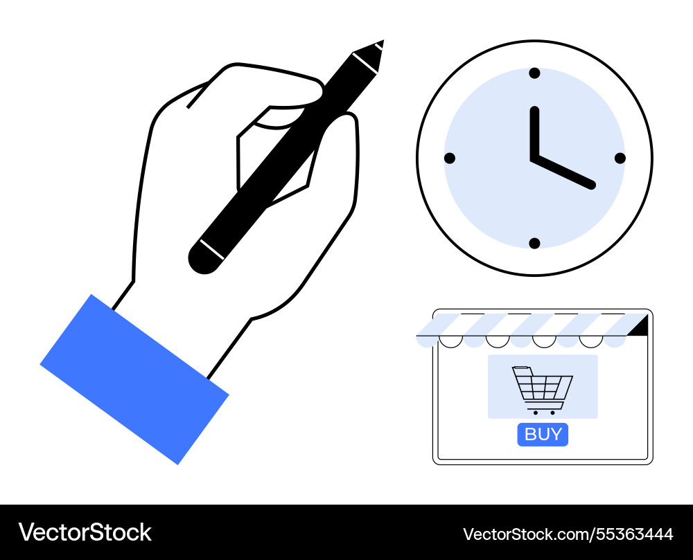 Hand holding pen clock and online storefront Hand holding pen clock and online storefront vector image