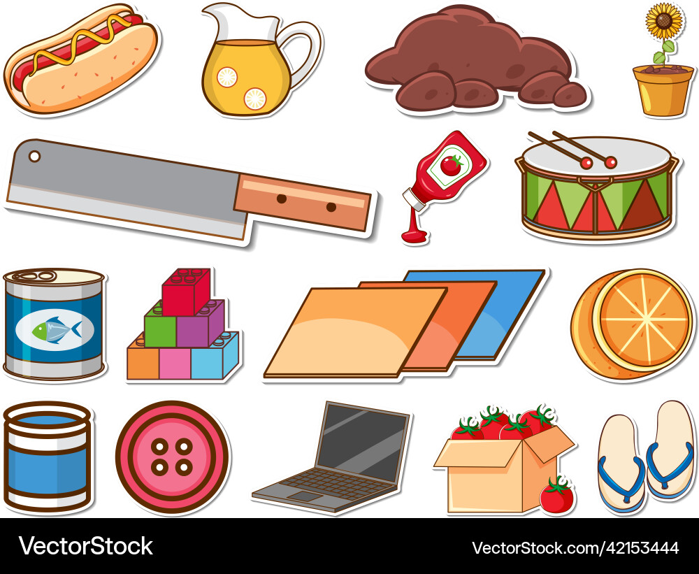 Sticker set of mixed daily objects Vector Image