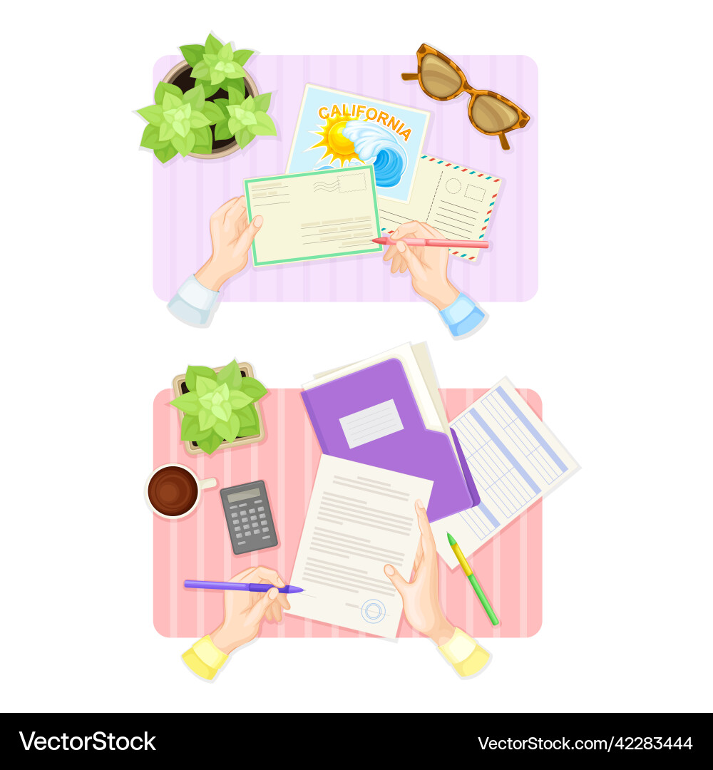 Top view of hands signing document and sending Top view of hands signing document and sending vector image