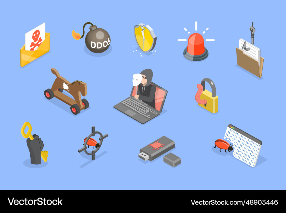 3d isometric flat set of hacker icons 3d isometric flat set of hacker icons vector image