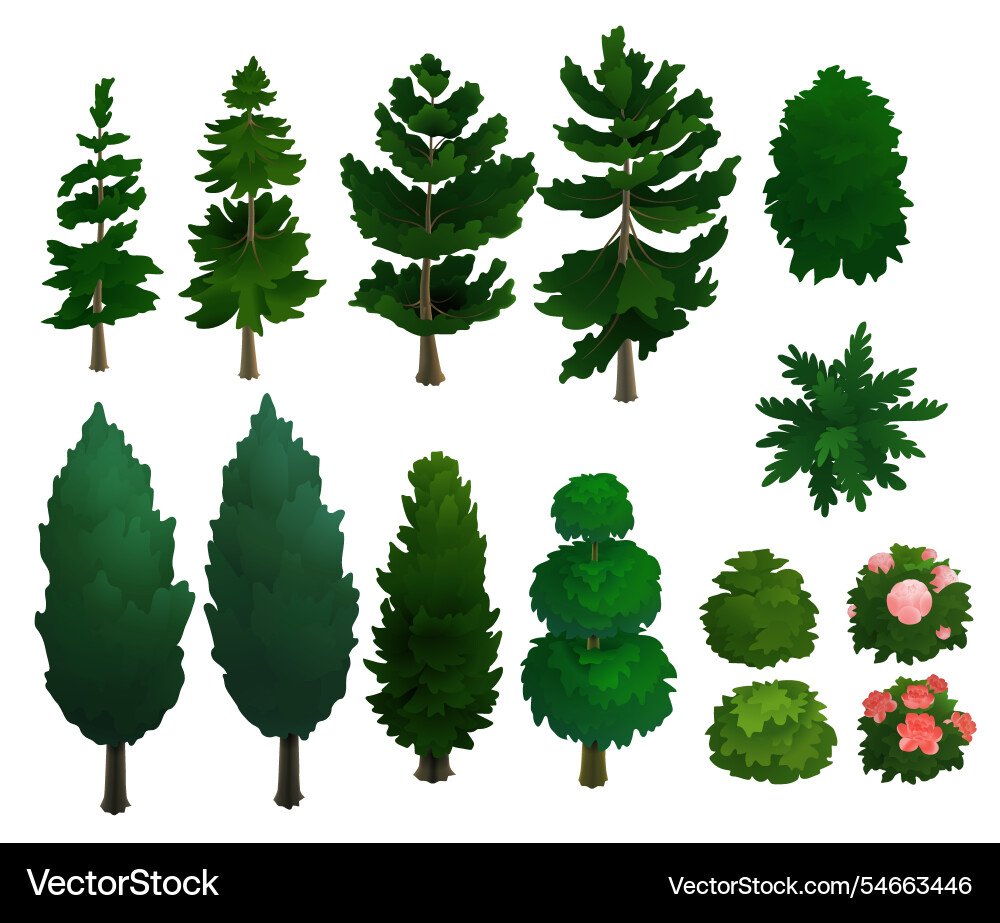 Isometric set of isolated trees and bushes Isometric set of isolated trees and bushes vector image