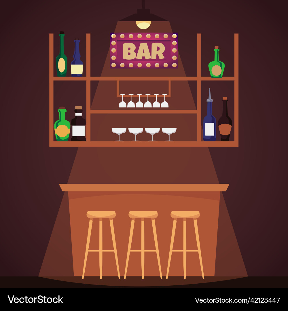 Empty bar counter with chairs and shelf Empty bar counter with chairs and shelf Vector Image