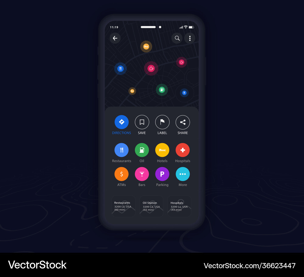 Mobile map gps navigation app dark mode ux ui Mobile map gps navigation app dark mode ux ui Vector Image