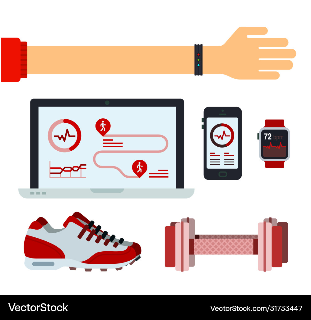 Set fitness equipment app on device sneaker Set fitness equipment app on device sneaker vector image