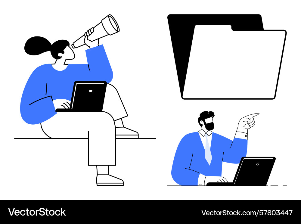 Team collaboration using laptops and exploring Vector Image