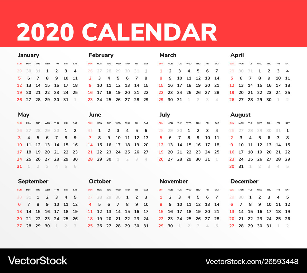 Calendar for 2020 new year in clean minimal table Vector Image