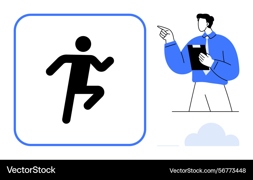 Man pointing to a runner icon emphasizing Man pointing to a runner icon emphasizing vector image