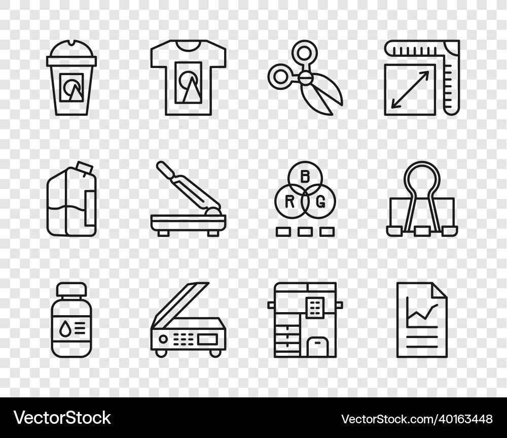 Set line printer ink bottle document with graph Set line printer ink bottle document with graph vector image