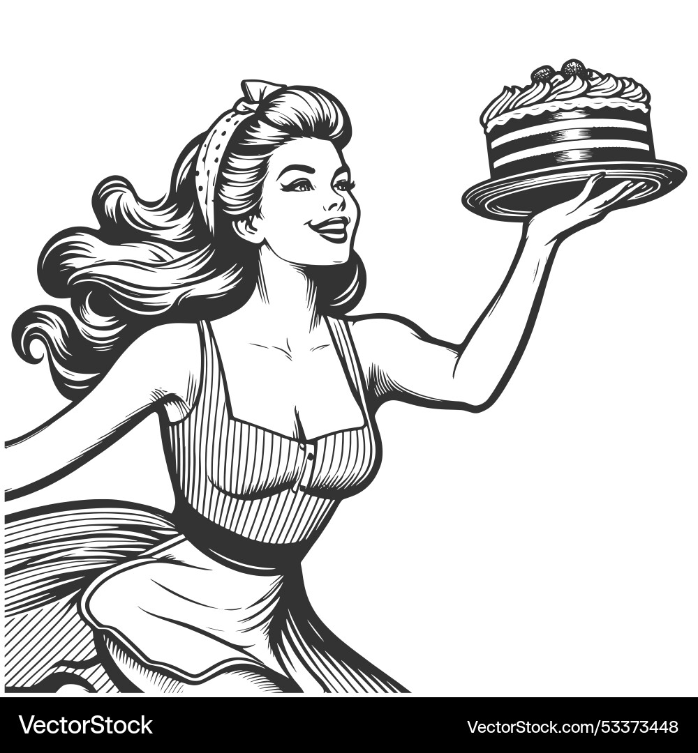 Woman holding cake in celebratory pose Royalty Free Vector