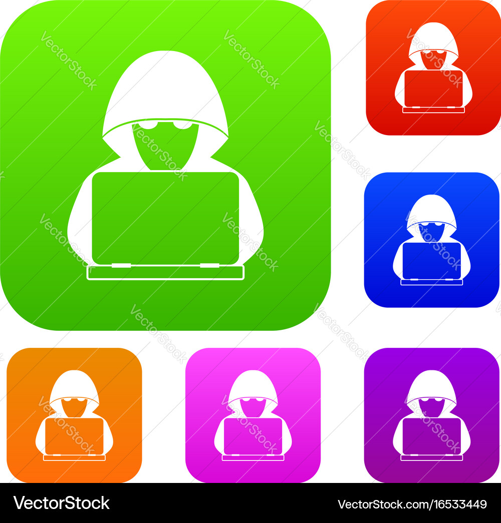 Computer hacker with laptop set collection Vector Image