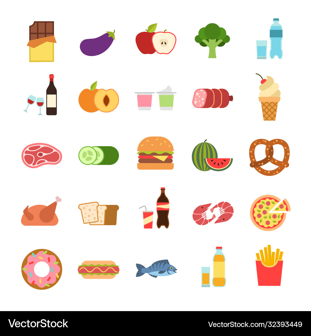 Food Icons: Pizza, Bread, Fruit & Drinks Vector Image