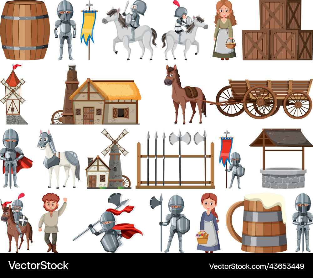 Medieval cartoon characters and objects vector image