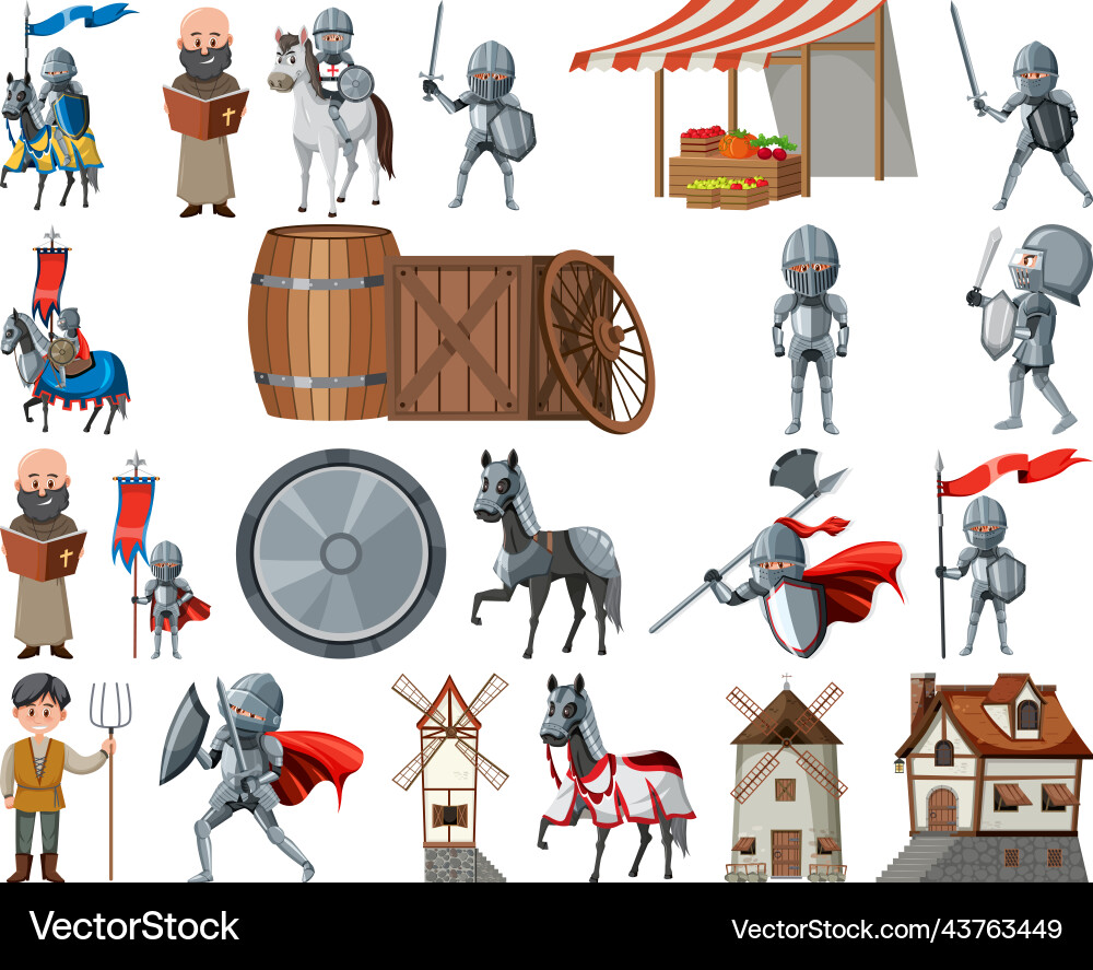 Medieval cartoon characters and objects vector image