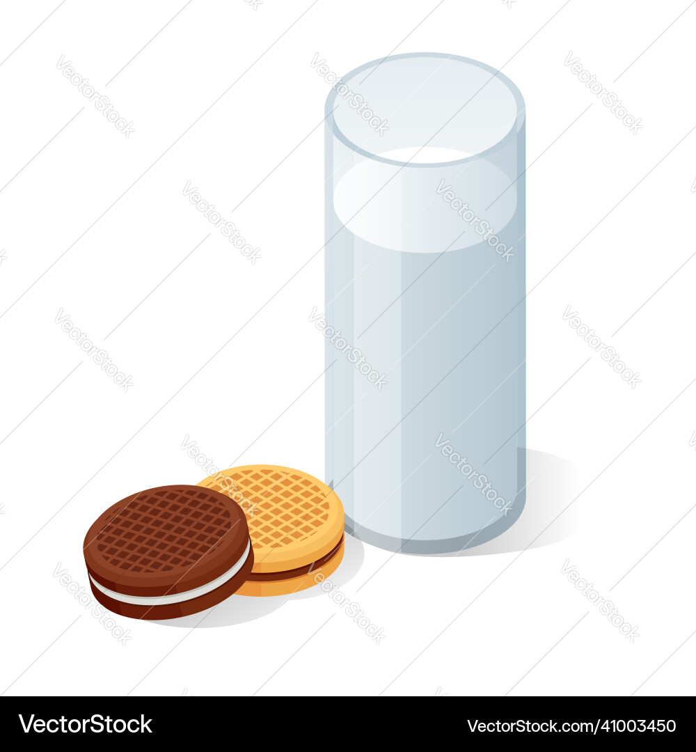 Isometric chocolate chip cookies and glass of milk Isometric chocolate chip cookies and glass of milk vector image