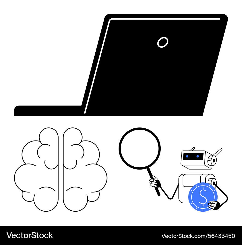 Laptop brain and robot exploring artificial vector image