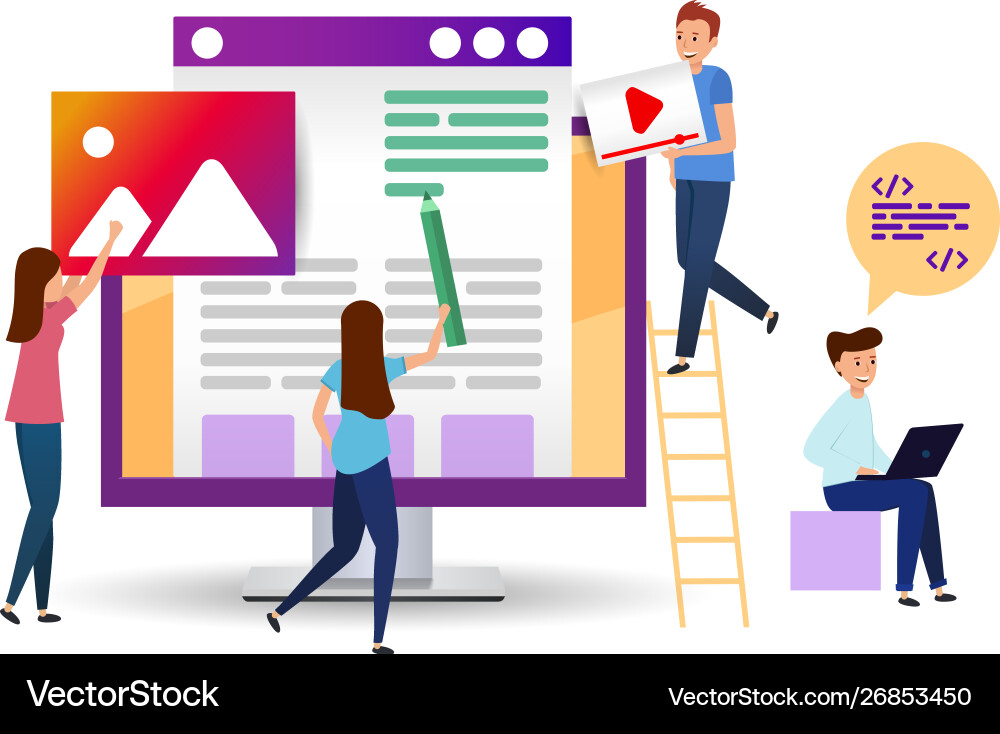 On desktop little men draw and create On desktop little men draw and create vector image