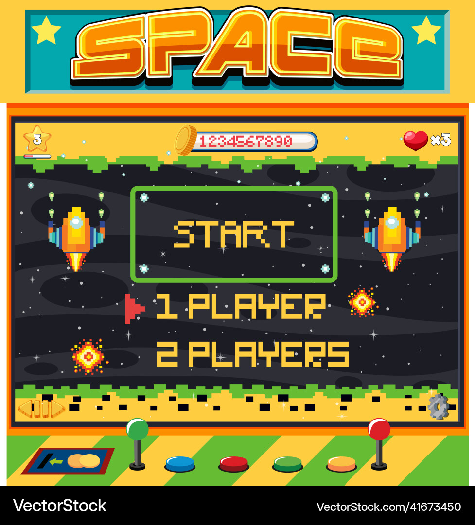 Pixel space game interface with start button vector image