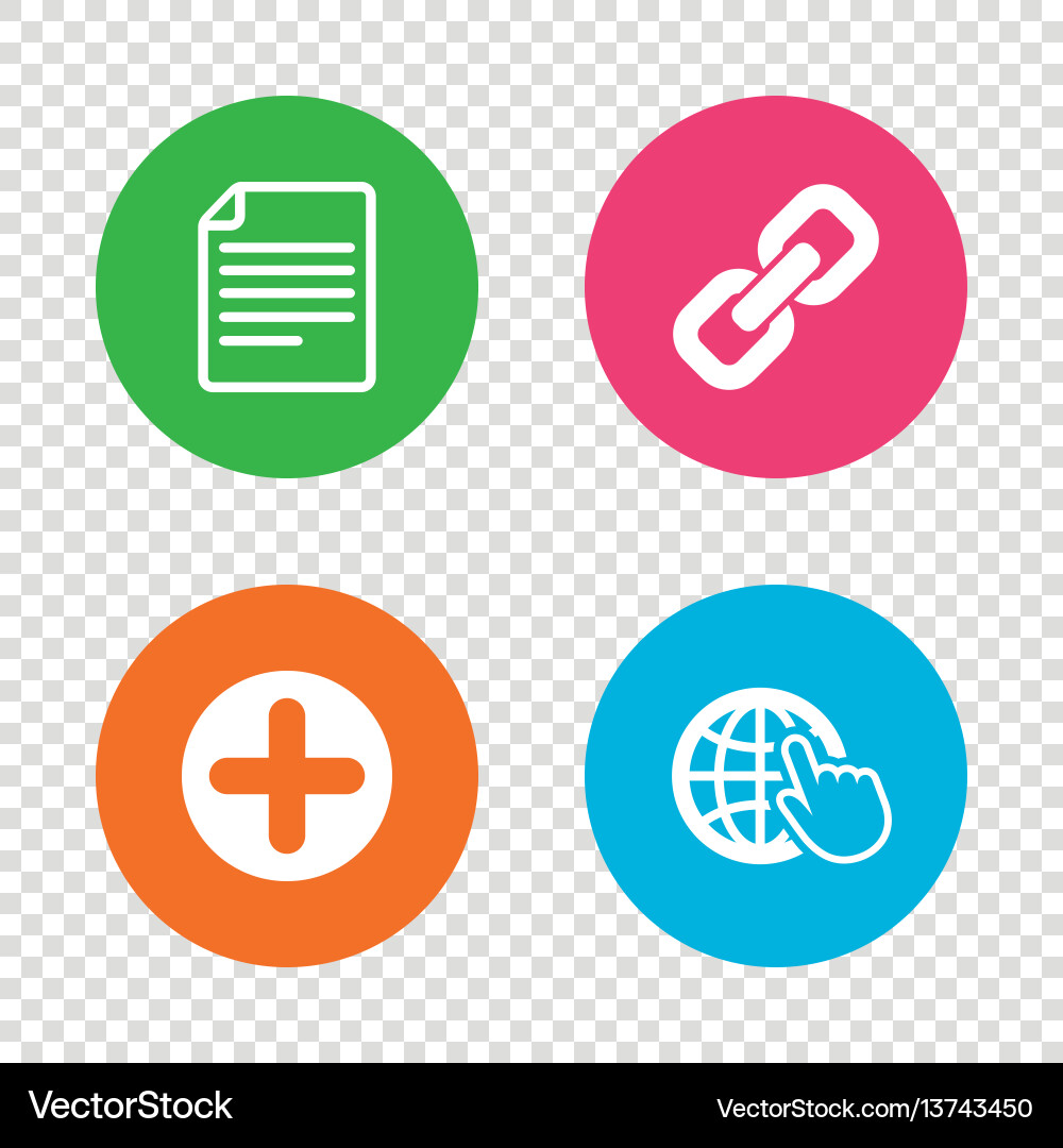 Plus circle and hyperlink signs file globe Plus circle and hyperlink signs file globe vector image
