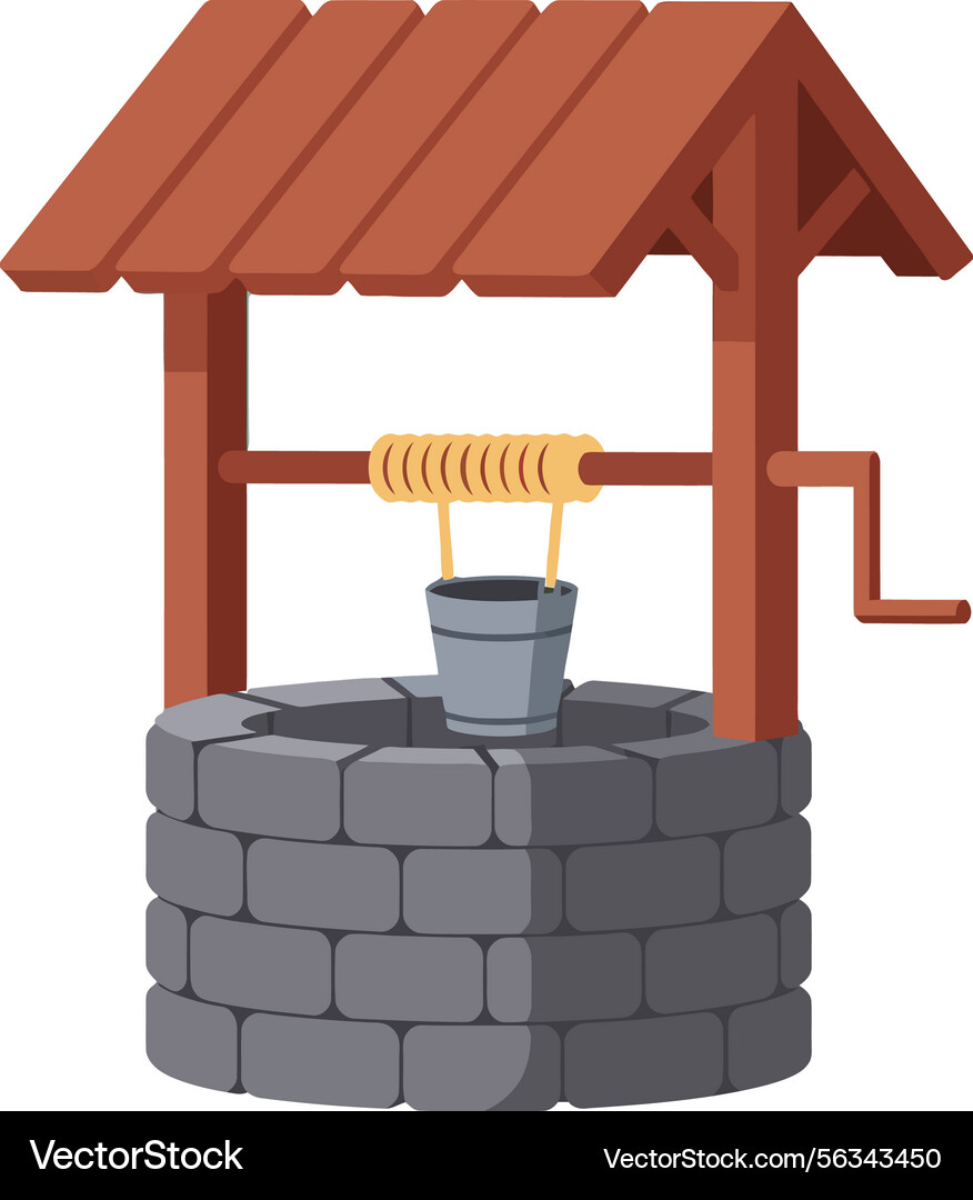 Stone water well with wooden roof and metal bucket Stone water well with wooden roof and metal bucket Vector Image