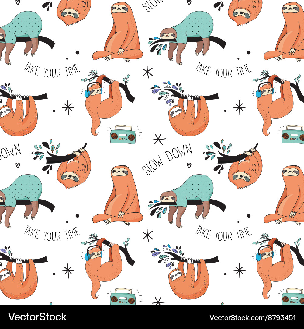 Adorable Sloth Seamless Pattern Vector Image