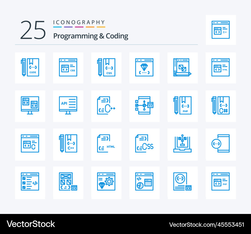 Programmierung und Kodierung 25 blaue Farb-Icon-Pack vektorbild