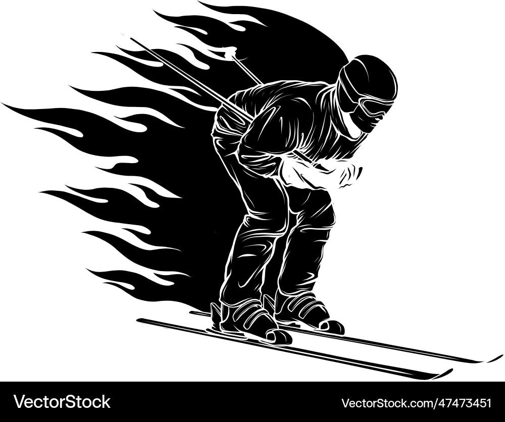 Schwarze Silhouette des Skiers mit Flammen Design Schwarze Silhouette des Skiers mit Flammen Design vektorbild