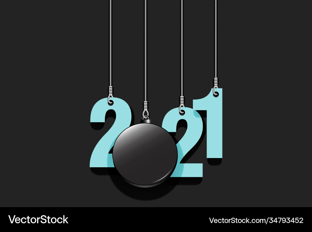 2021 new year and hockey puck hanging on strings Vector Image