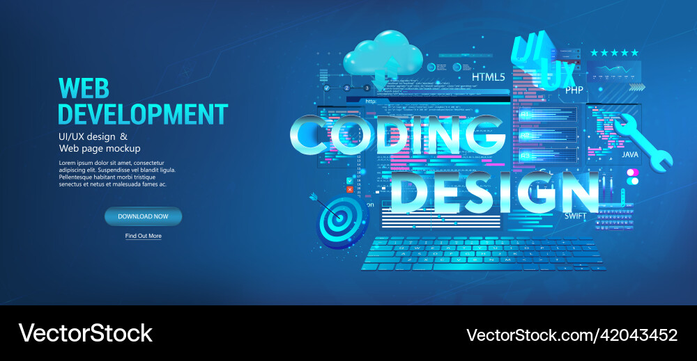 3d elements with coding and design development web vector image