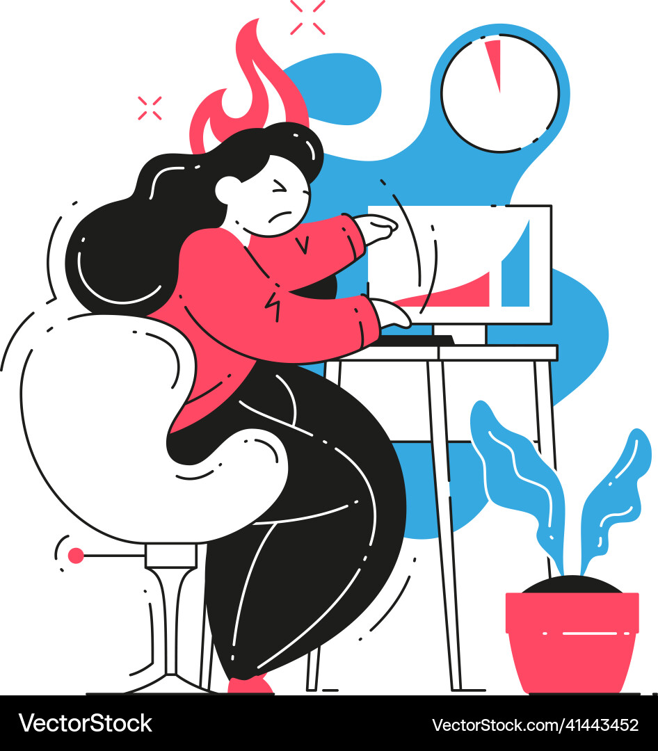 Angry woman aggressive stress typing on keyboard Angry woman aggressive stress typing on keyboard vector image