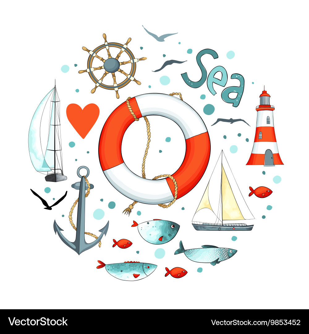 Collection of nautical elements in a circle shape Vector Image