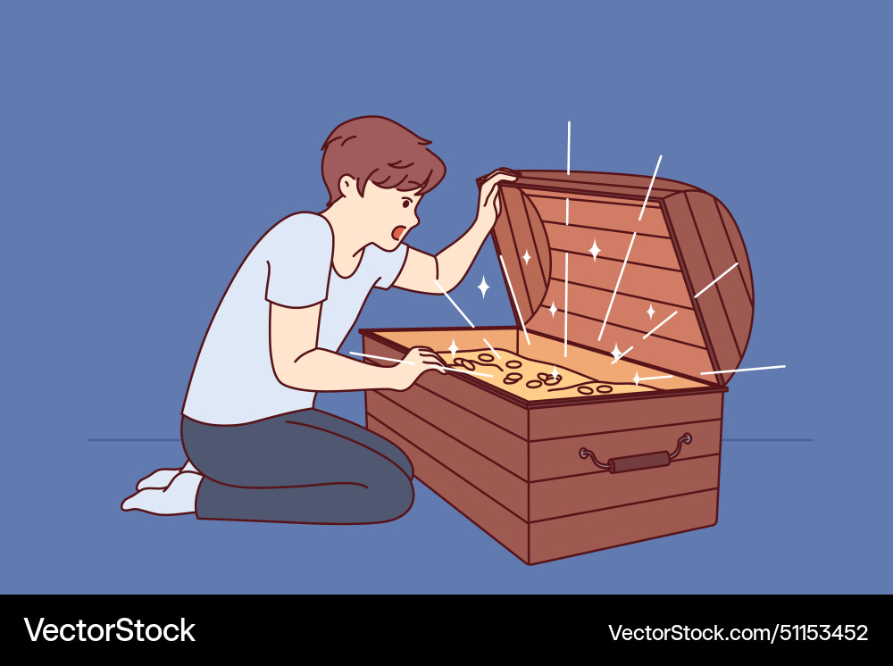 Little boy has found treasure with gold coins and Vector Image