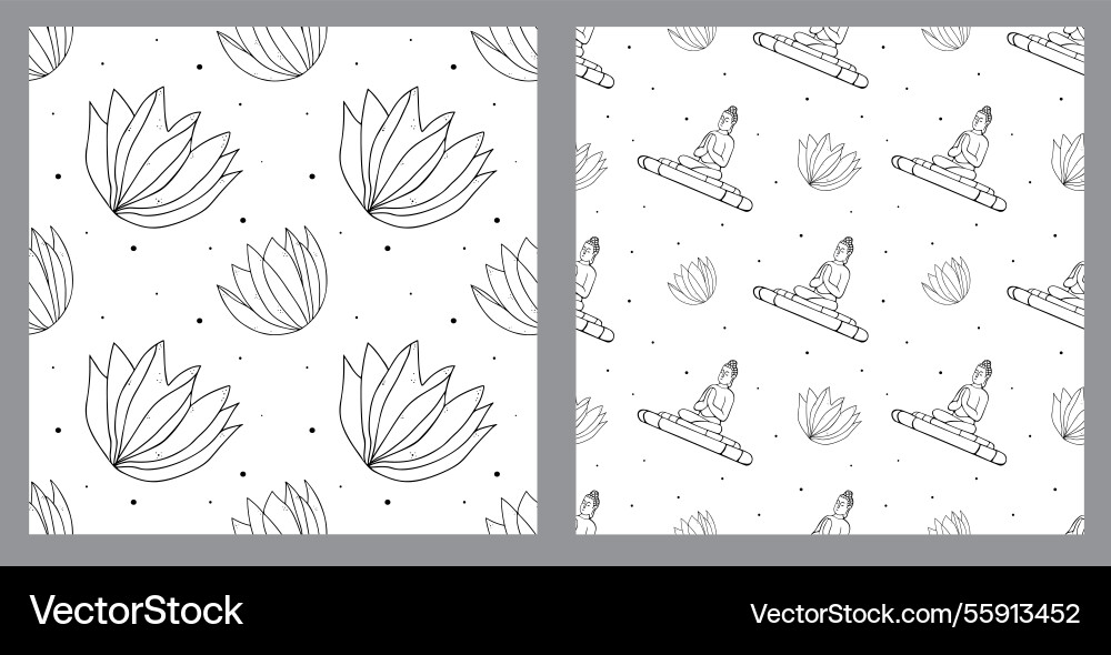 Set of seamless patterns in linear style buddha Set of seamless patterns in linear style buddha vector image