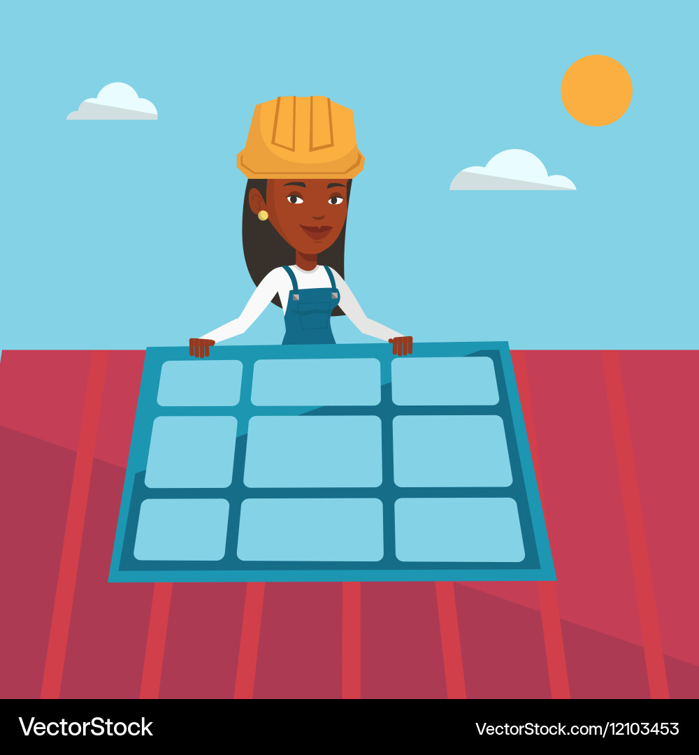 Constructor installing solar panel vector image